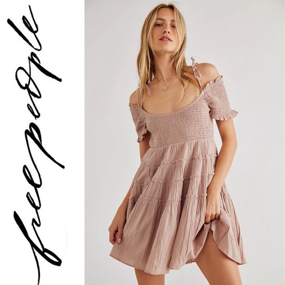 Free People Happy With You Mini Dress Smoked Mulberry Tiered Swing Off Shoulder - Picture 2 of 16